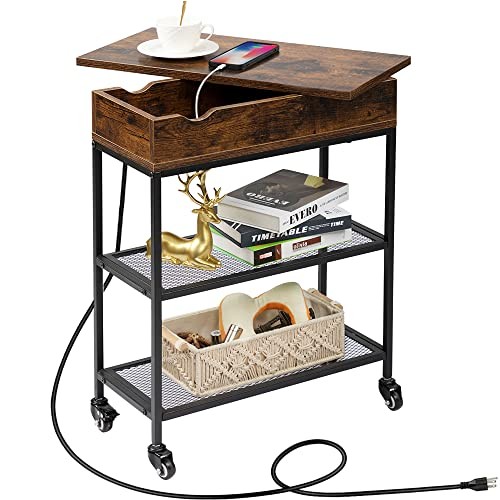 Narrow End Table with Charging Station & Rotating Top, Couch Rustic Brown