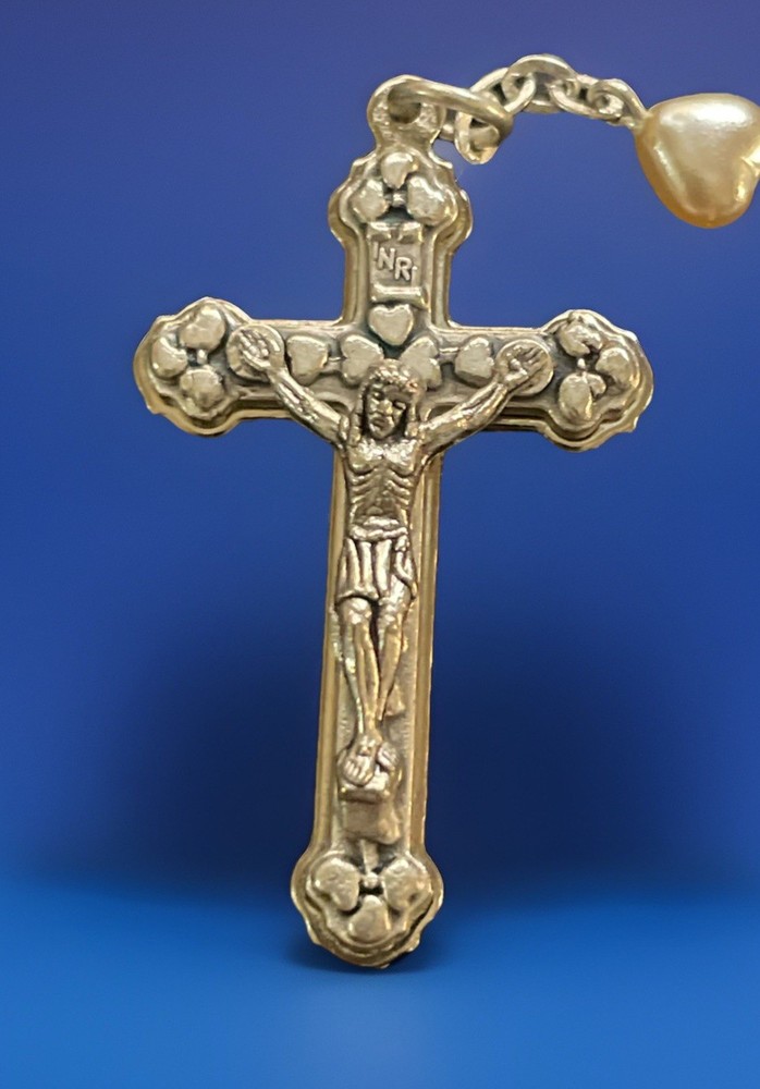 Catholic Heart Pearl Rosary, Silver Tone Crucifix