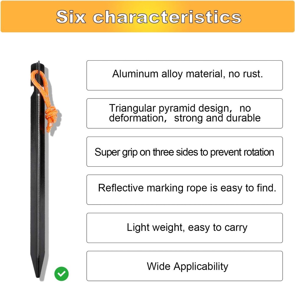 10 Pack Heavy Duty Aluminum Tent Stakes with Reflective Pull Ropes, Triangular G