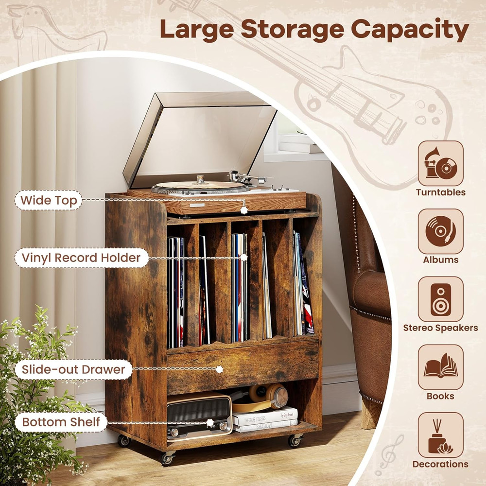 Record Player Stand, Rolling Turntable Stand with Drawer & Lockable Wheels, Reco