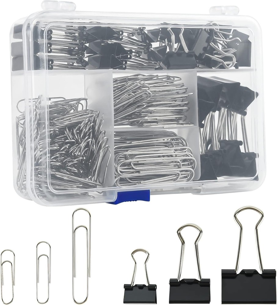 Assorted Office Paper Clips & Binder Clips Set 340pcs in Compartment Storage Box