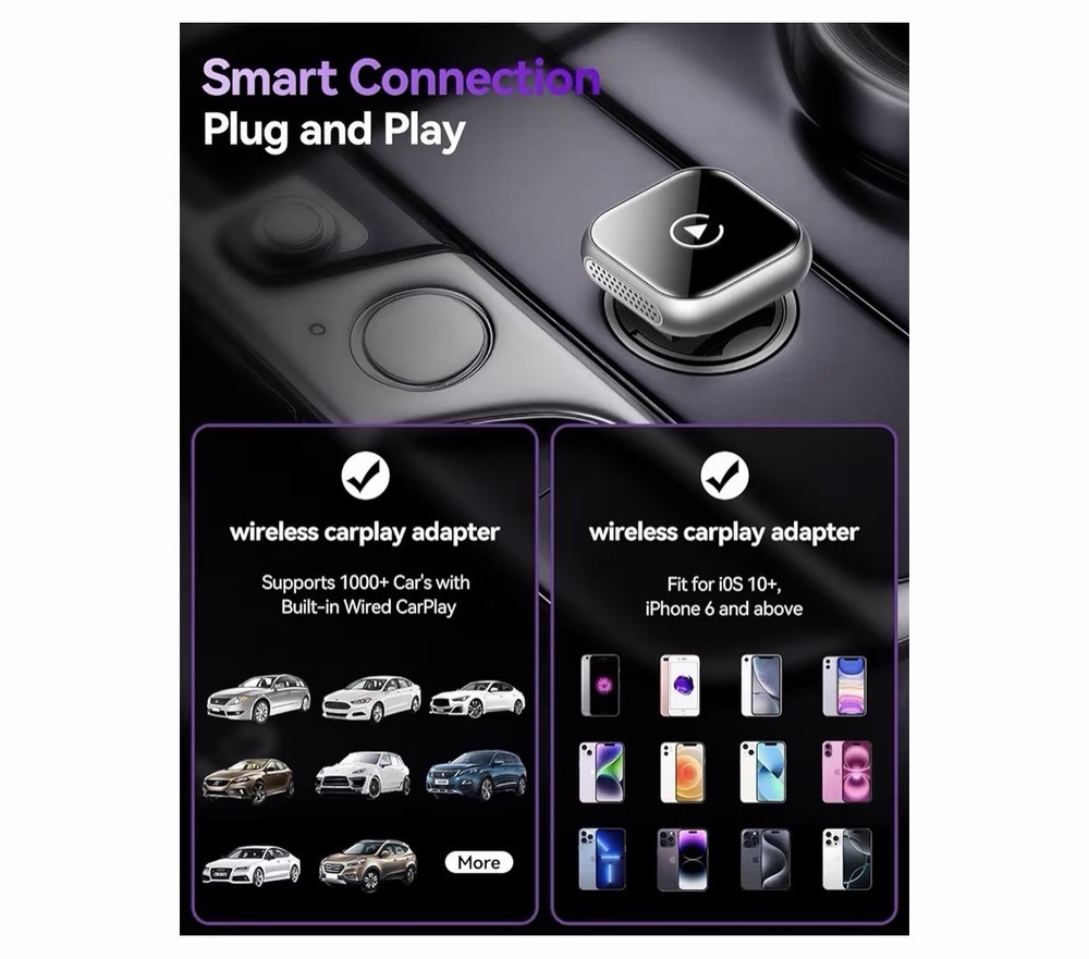 Wireless CarPlay Adapter for Apple iPhone & Android Auto USB Adapter Plug & Play