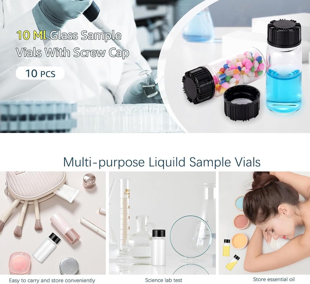 10 Pack 10ml Clear Glass Sample Vials Liquid Sampling Bottles with Screw Caps