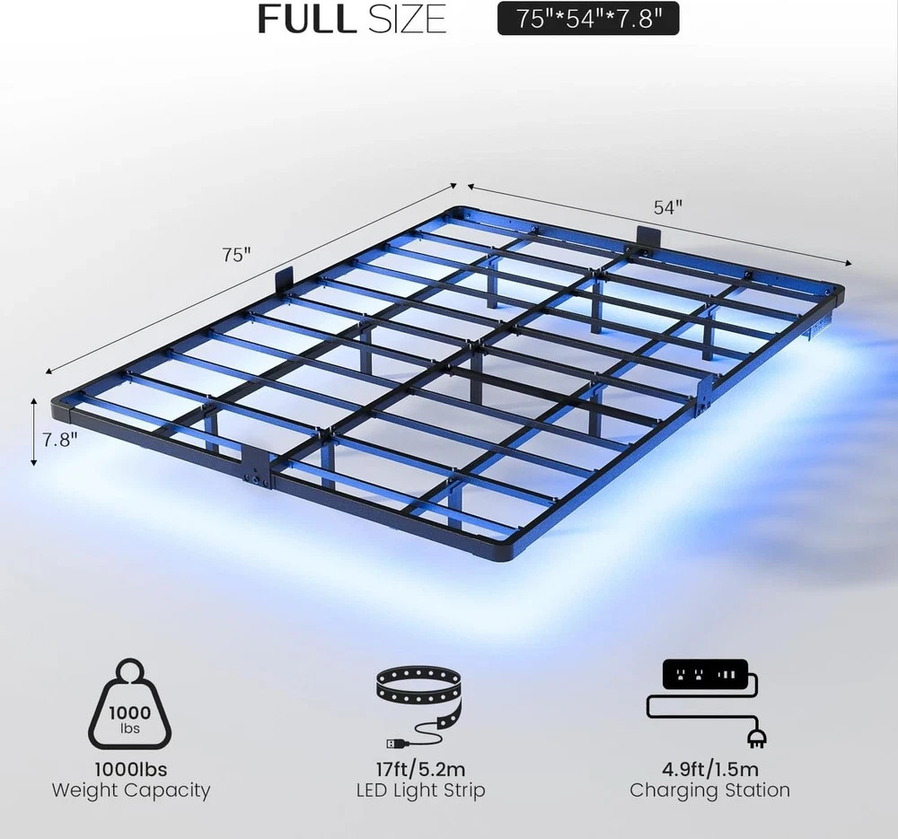 **OLEVS Full Floating Bed Frame w/ LED Lights & Charging Station – No Box Spring