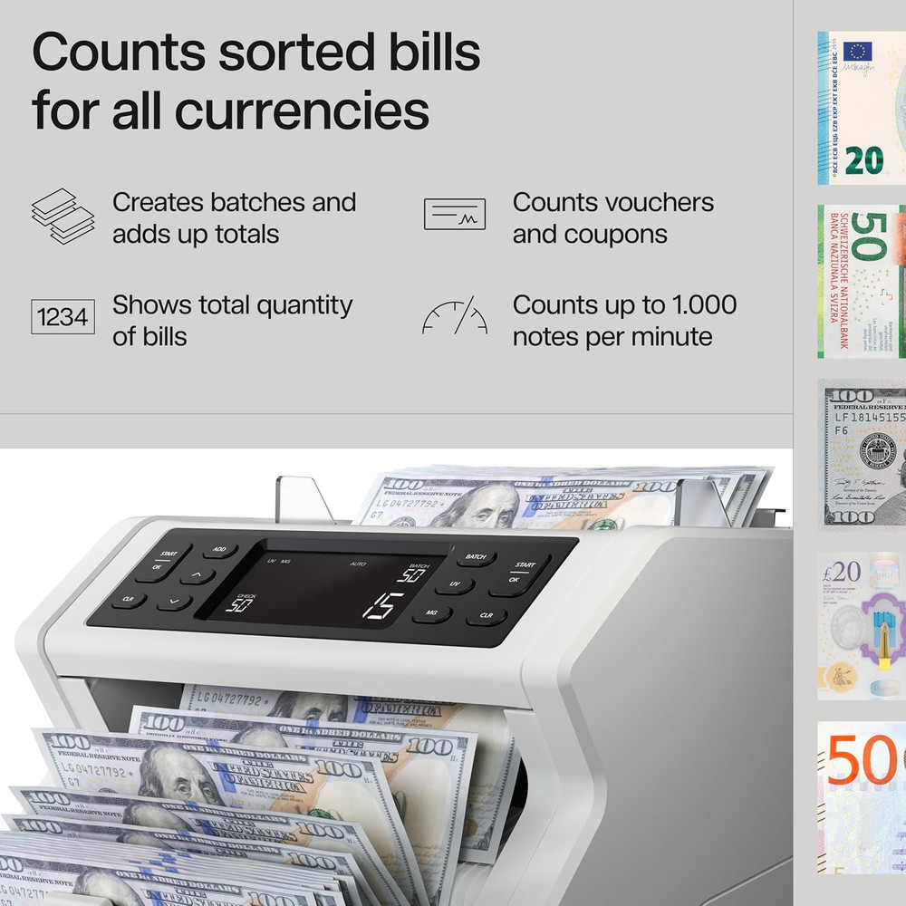 2250 Money Counter Machine with Counterfeit Detection, Multi-Currency, Add/Batch