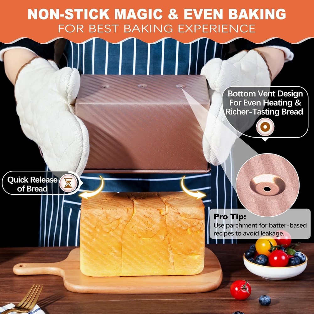 2 Pack Pullman Loaf Pans with Lid – Non-Stick Carbon Steel Bread Baking Pans