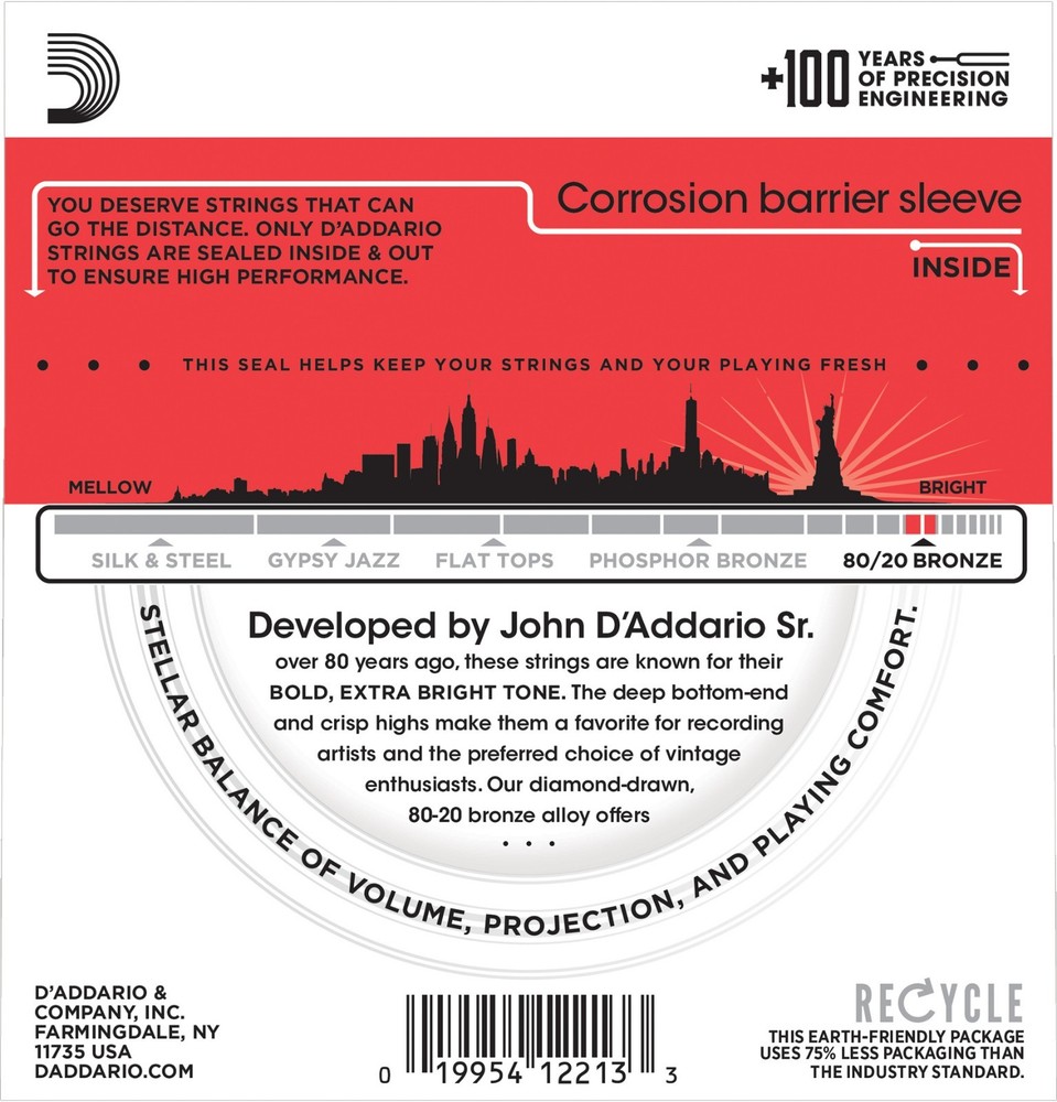 D'Addario EJ12 Medium 80/20 Bronze 13-56 6 String Acoustic Guitar Strings