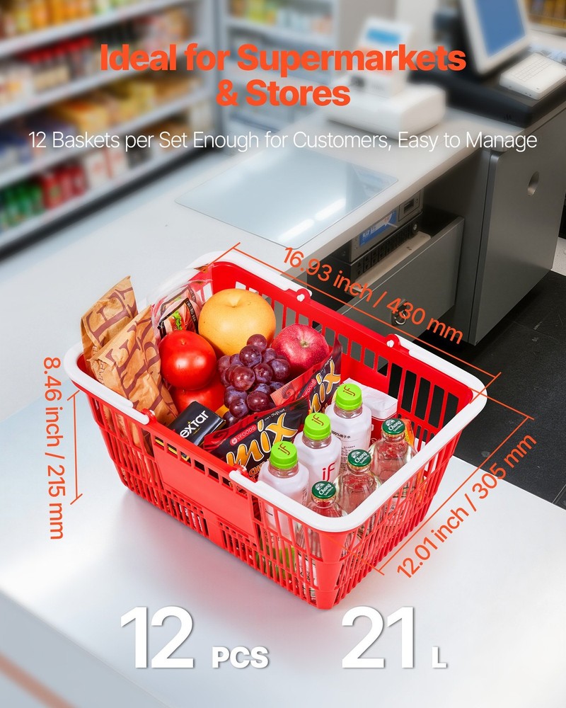Shopping Baskets, 12 PCS, 21L Stackable PE Plastic Grocery Baskets with Handles,