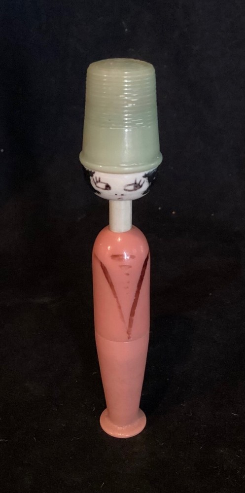 Antique Art Deco Celluloid Lady Sewing Thimble and thread case