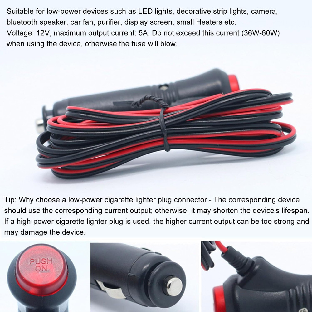 Car Cigarette Lighter Plug Adapter 10FT with LED Switch Button 12V Cigarette Lig