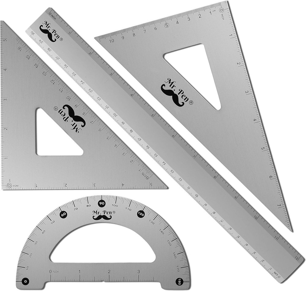 Metal Geometry Kit - 4Pack Set Square, Protractor, Aluminum Ruler, Drafting Tria