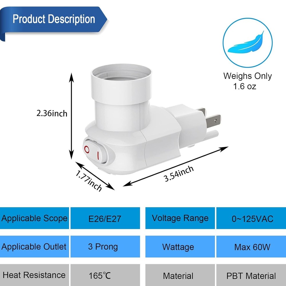 3 Prong Light Bulb Socket Adapter, 360° Rotatable Plug with On/Off Switch