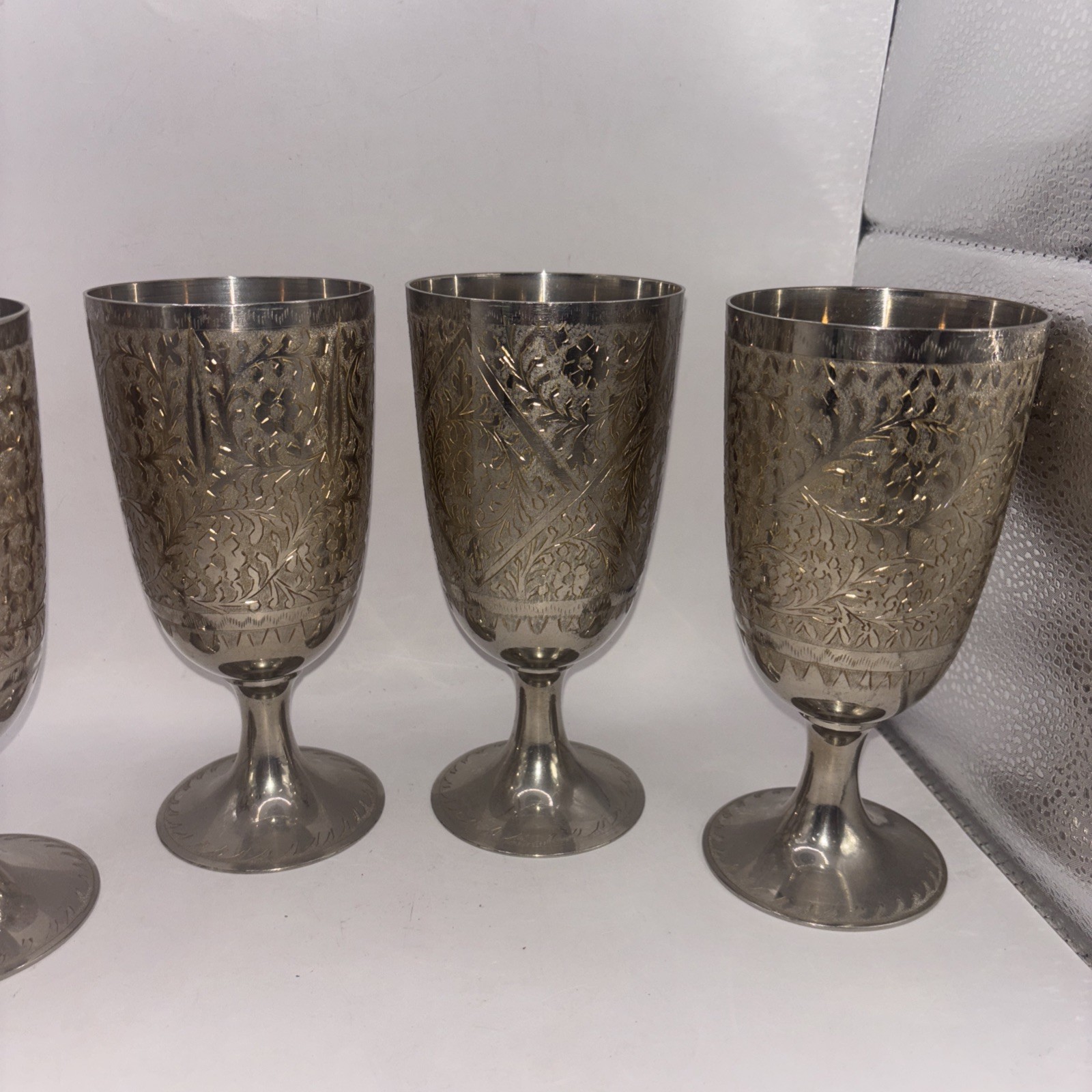 4 ZY India Modern Vine Heavy Wine Goblet Silver Plated 7” Etched Engraved