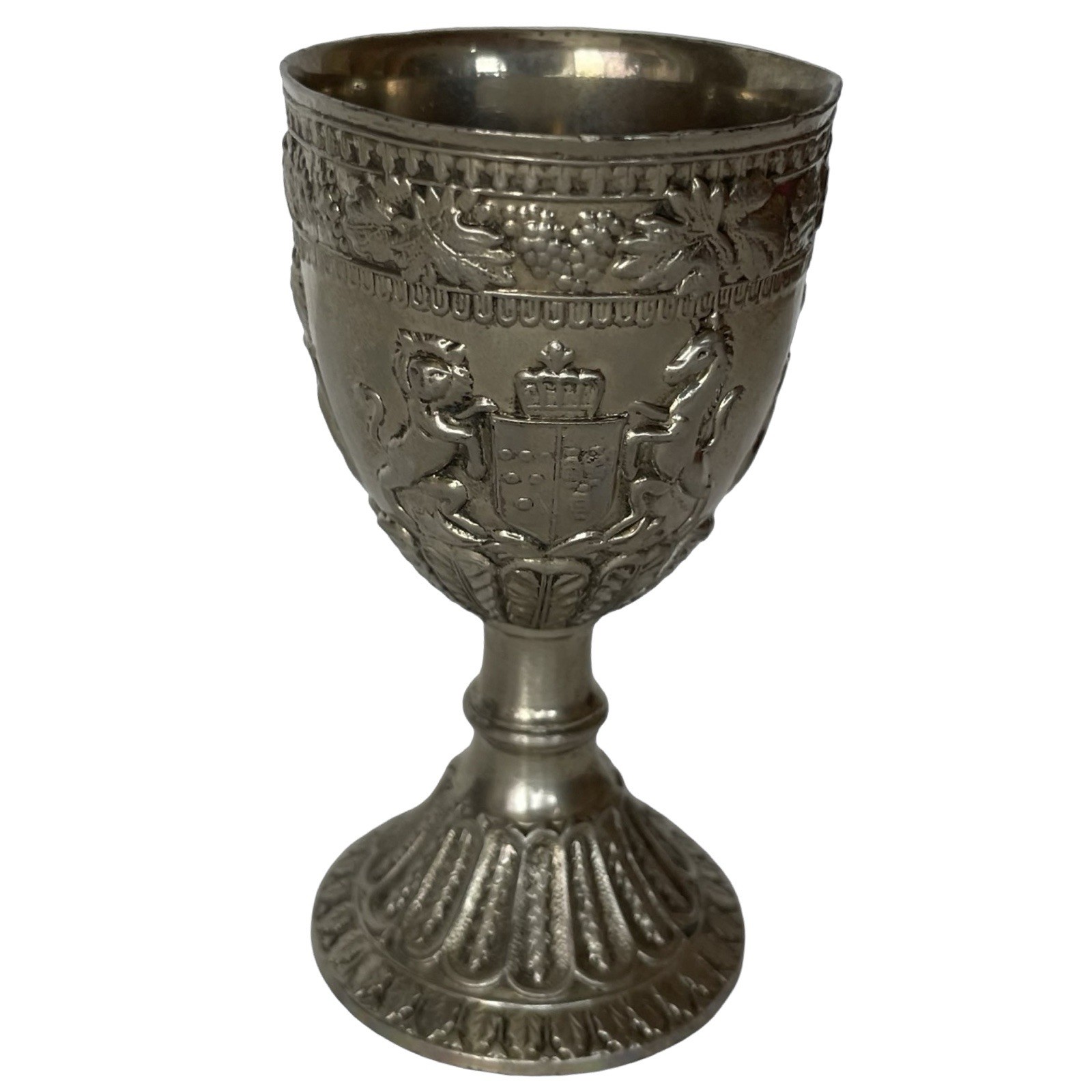 Wine Cordial Goblet Shot Glass Coat Of Arms Grape Lion Unicorn Silver Plate 3.5”