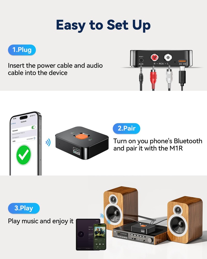 6.0 Bluetooth to RCA Adapter for Stereo Receiver-Long Range Low Latency Bluet...