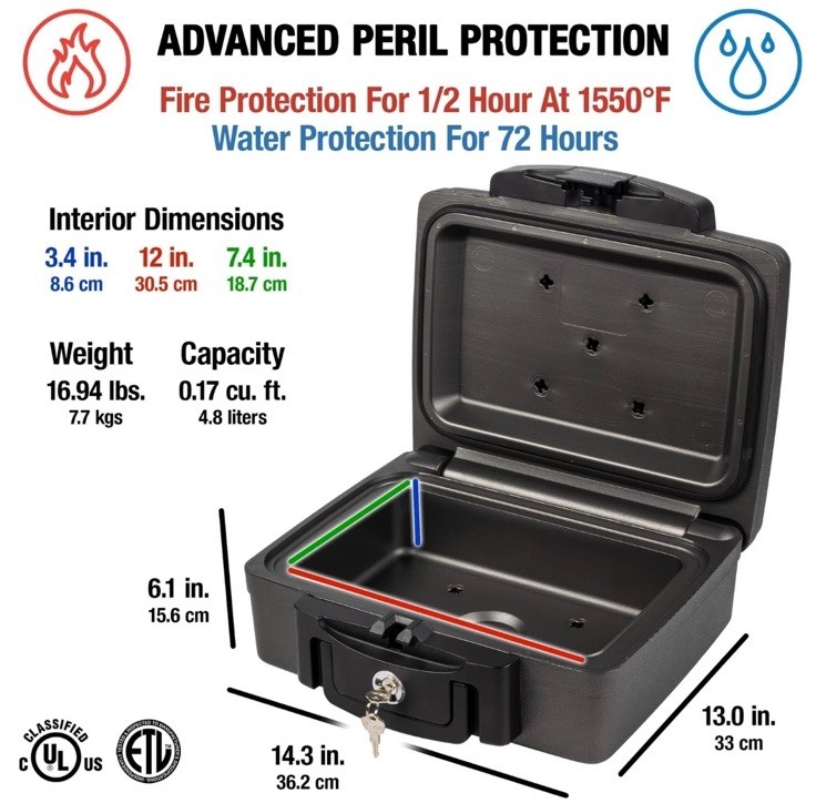 SentrySafe Fireproof and Waterproof Safe, Black Portable Lock Box with Key Lock