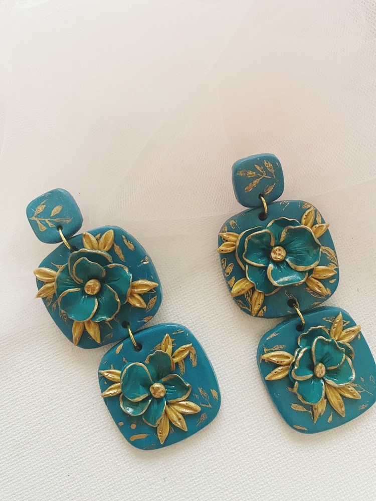 Statement Polymer Clay Earrings / Teal/square/flower/2 Tiers