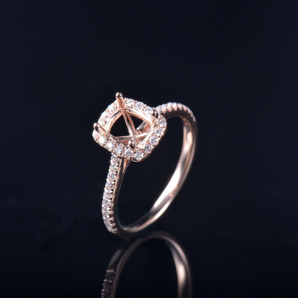 Solid 14K Rose Gold Cushion 6.5x5.5mm Natural Diamond Semi Mount Ring Setting