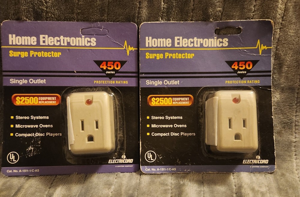 2) HOME ELECTRONICS SURGE PROTECTOR 450 JOULES SINGLE OUTLET ELECTROCORD LEVITR-