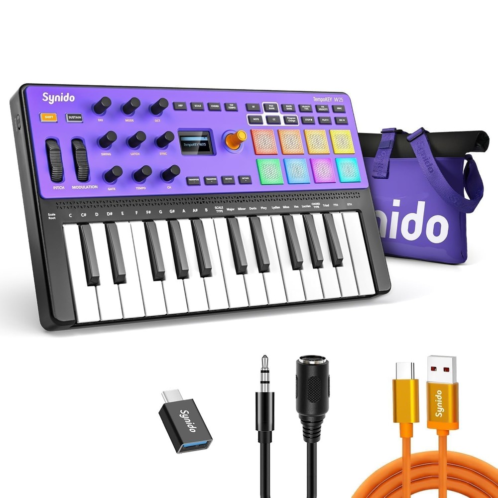 Wireless MIDI Keyboard Controller with 25 Keys, 8 Pads, and OLED Screen
