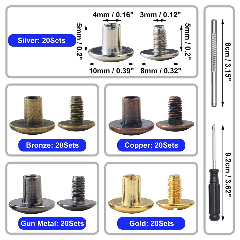 100Sets Chicago Screws Leather Rivets Assorted Screw Rivets Metal Studs for C...