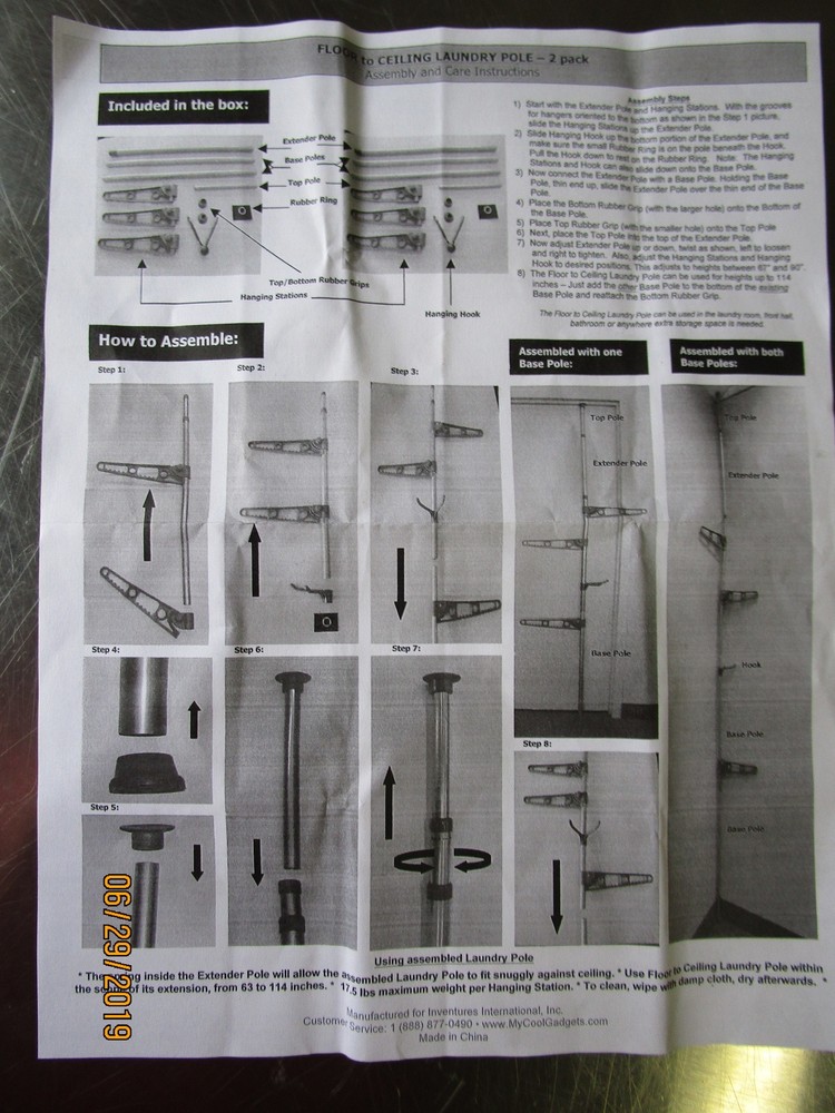 2 Hanging Station/Laundry Pole - Adjustable Floor to Ceiling Fits 63" - 114"