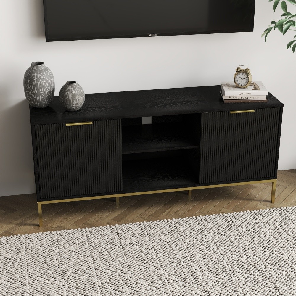 Mid Century Modern TV Stand w Wave Doors Gold Legs Soft Close