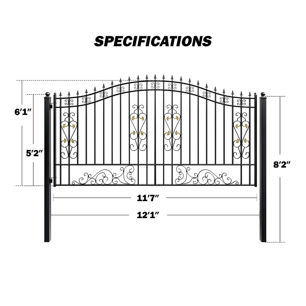 ZUMI 12x6 ft Single Swing Driveway Gate Yard Security Gate Floral Scrollwork