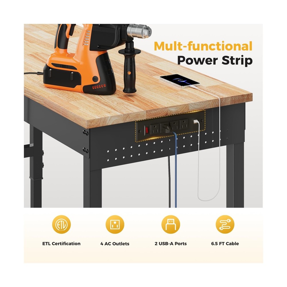 60" Adjustable Heavy Duty Workbench, 2000 LBS Load Capacity Rubber Wood Work ...