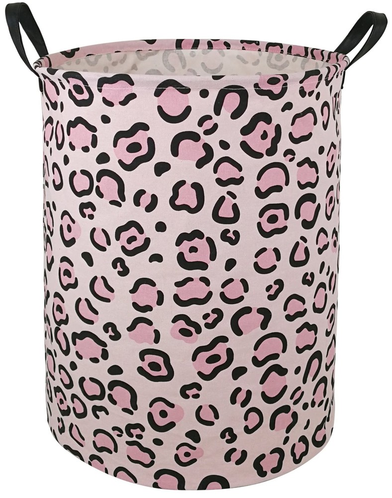 Round Leopard PatternLaundry Hamper Storage Basket Fabric Material Storage Ha...