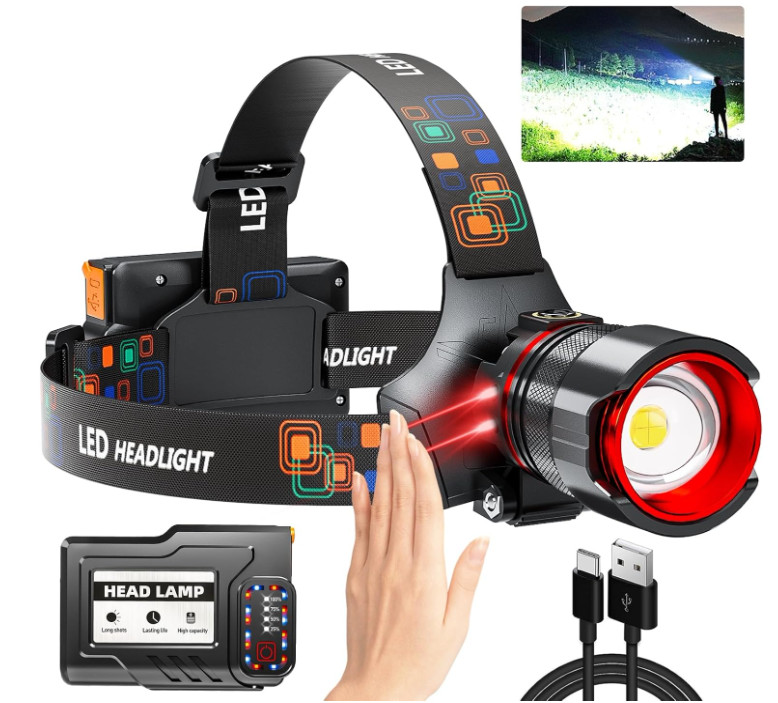 Linterna frontal LED recargable 4000 lm con sensor, 12 modos e impermeable IPX7.