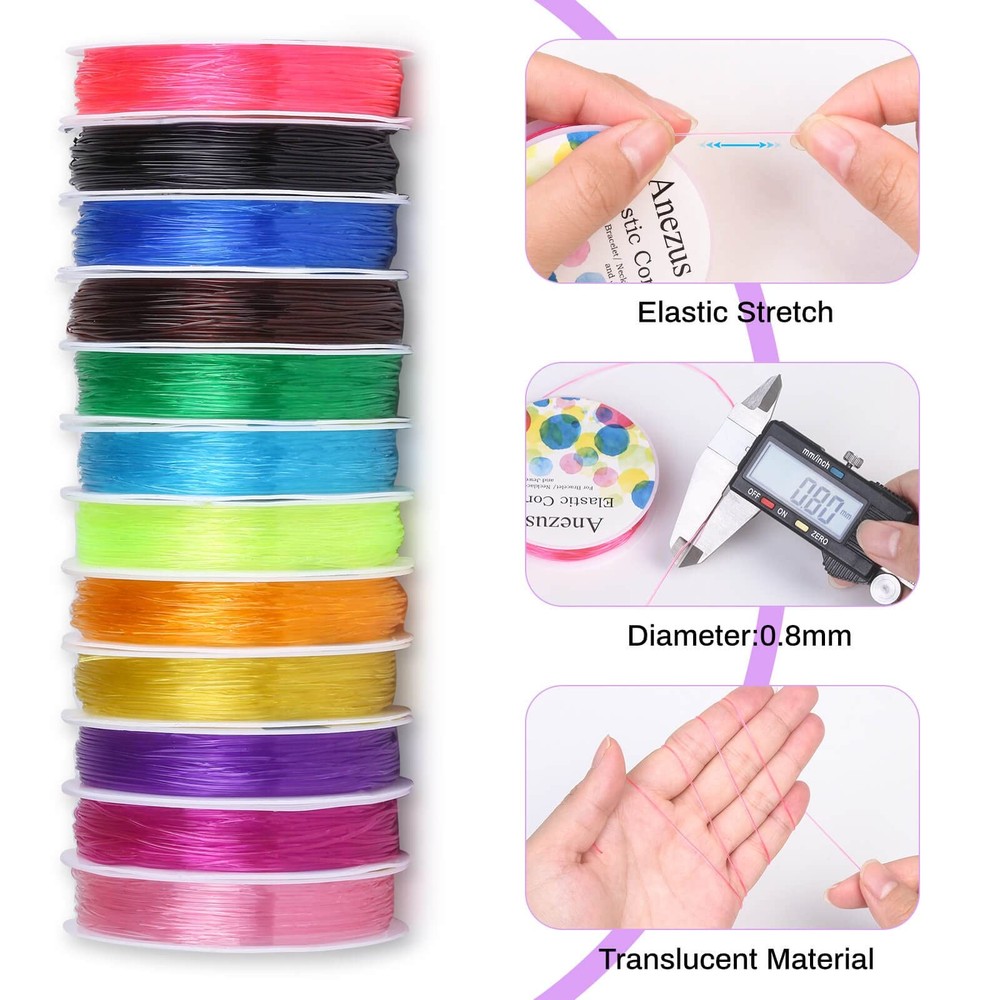 Elastic String for Bracelets, Anezus 12 Rolls Crystal Beading Assorted Colors