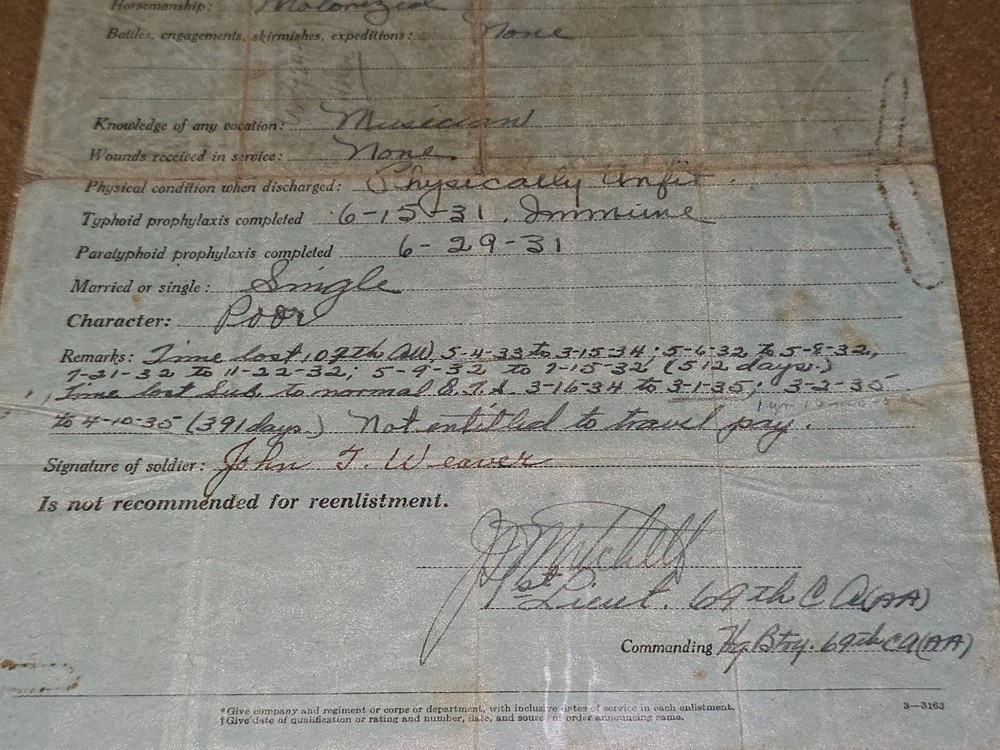 Interwar US Army Discharge Document for John Weaver Dated 1935