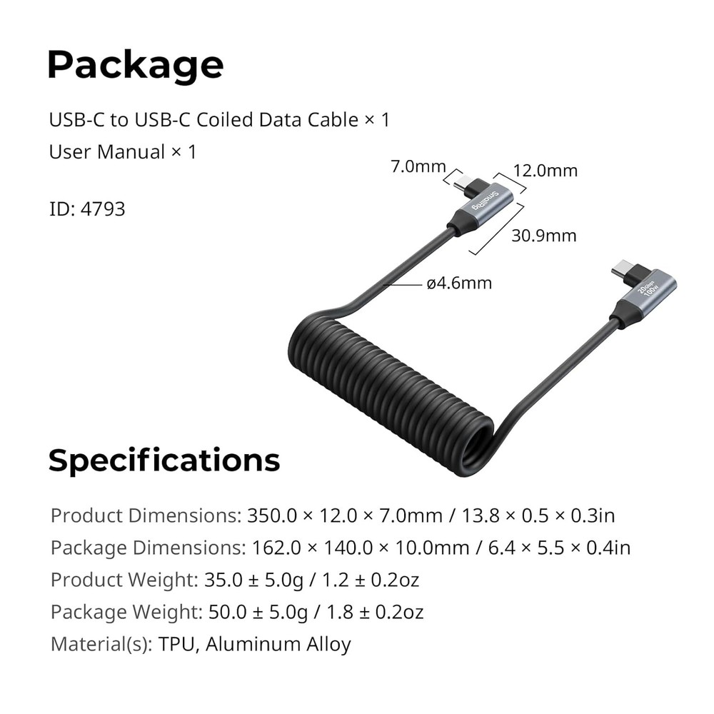 SmallRig USB-C (Straight/Angled) to USB-C (Angled) Coiled Data Cable 4793