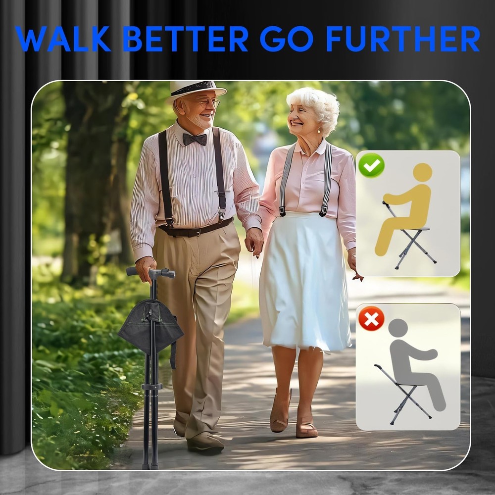 Cane with Seat Foldable Lightweight Walking Cane with LED Light Adjustable Wa...