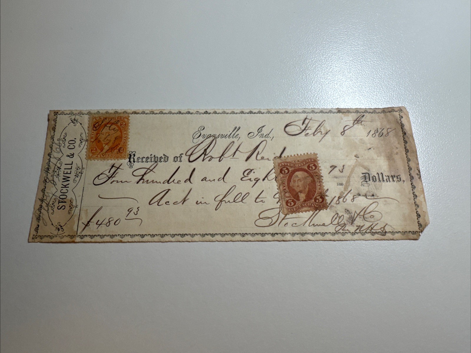 R15c & R27c - Stockwell & Co - Receipt - Evansville IN - 1868