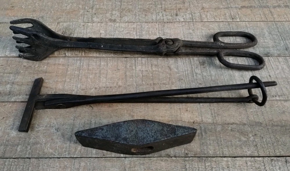 2 ANTIQUE TONGS ...BLACKSMITH HAND TOOLS & Hammer Head