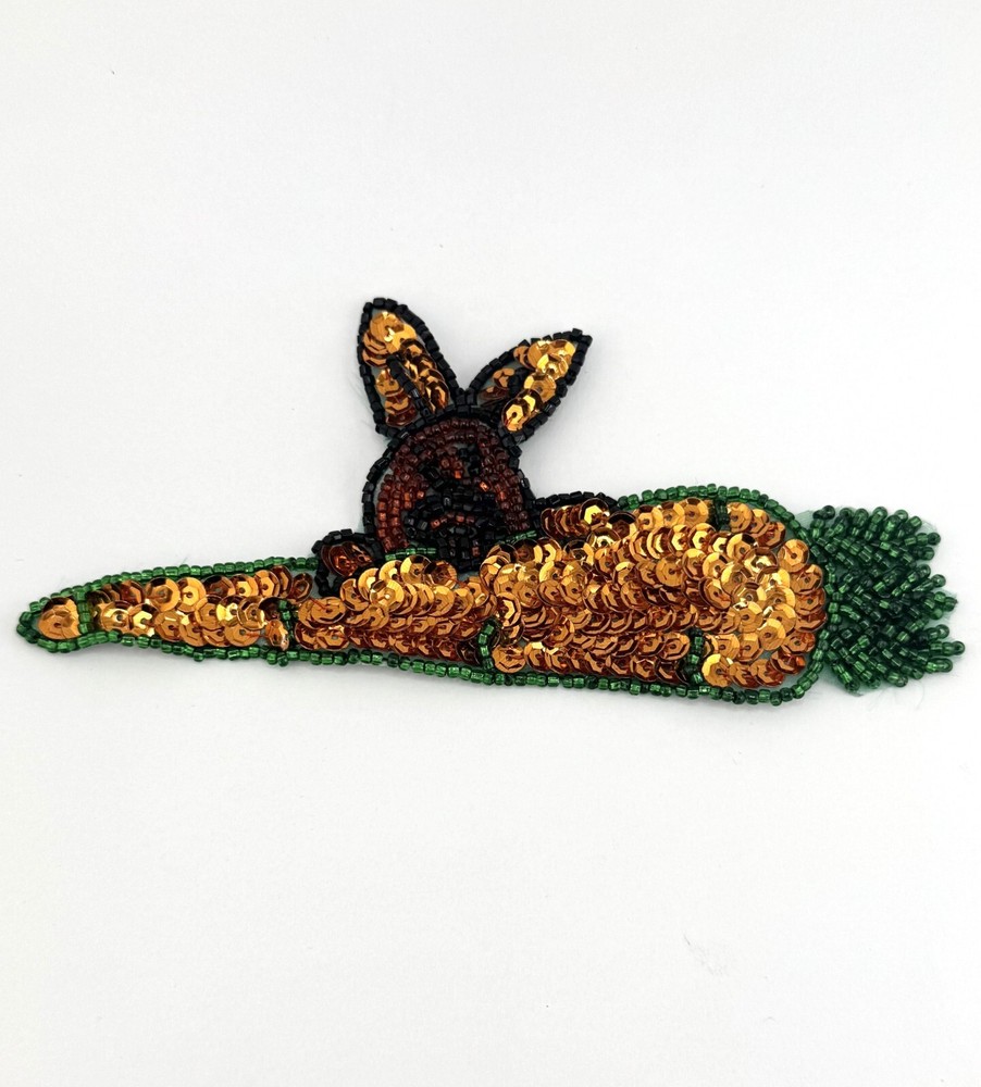 Vintage Sequin Beaded Applique Embroidered Patch Sew On Easter Bunny NOS