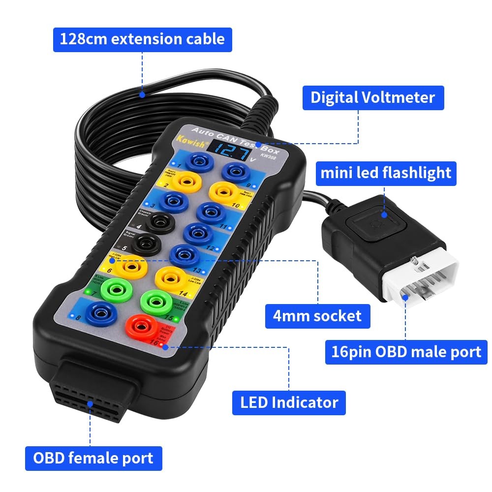 OBD2 Breakout Box 16-Pin CAN Bus Protocol Detector with LCD for ECU Testing