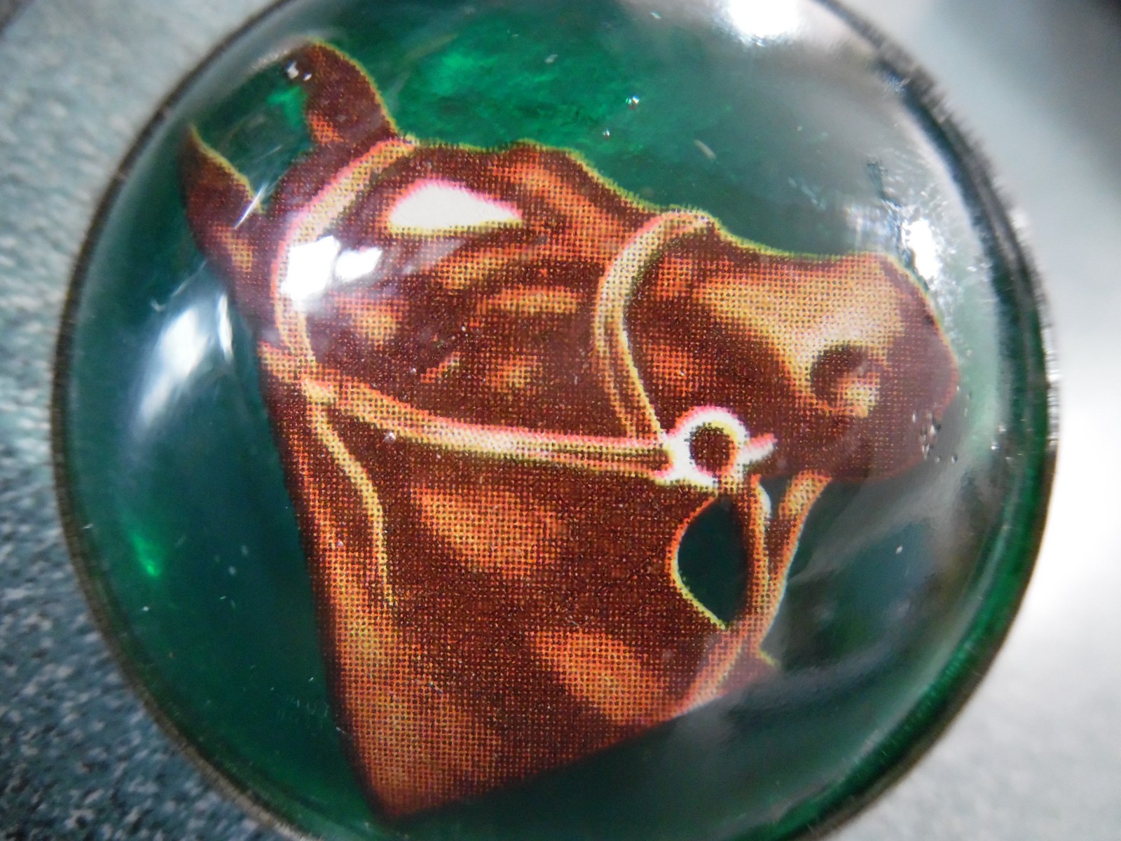 Vintage Pair Bridle Rosettes H.A. Chapman Horse Head Domed Green Glass 1960s