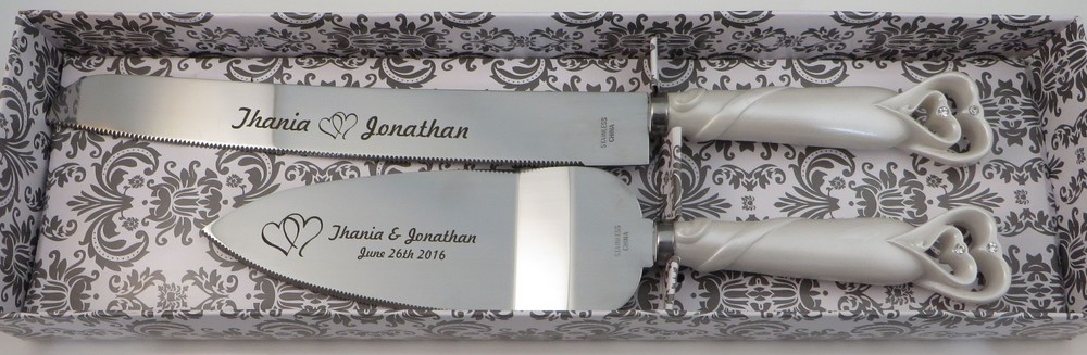 Cake Knife and Server Set - Linked Interlocking Hearts - Free Dark Engraving