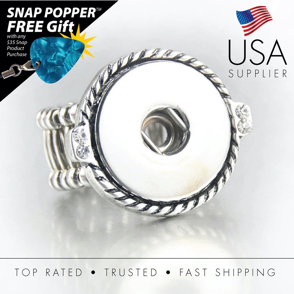Snap Button Adjustable Stretchy Ring w/Rope Border and Rhinestones inset