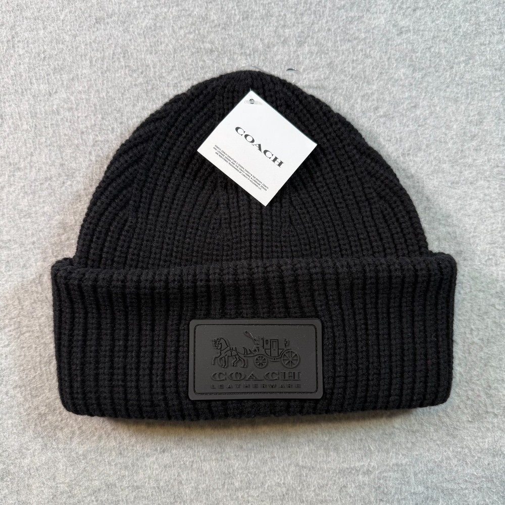 Coach Black Wool Knit Beanie Hat Womens Logo Patch Classic Solid One Size NWT