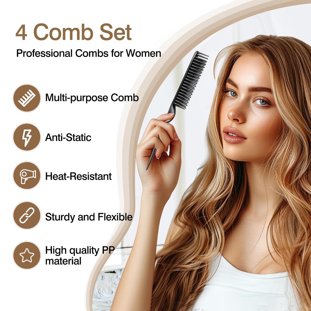 3-Row Rat Tail Styling Comb Set (4PCS) – Flexible for Medium, Black