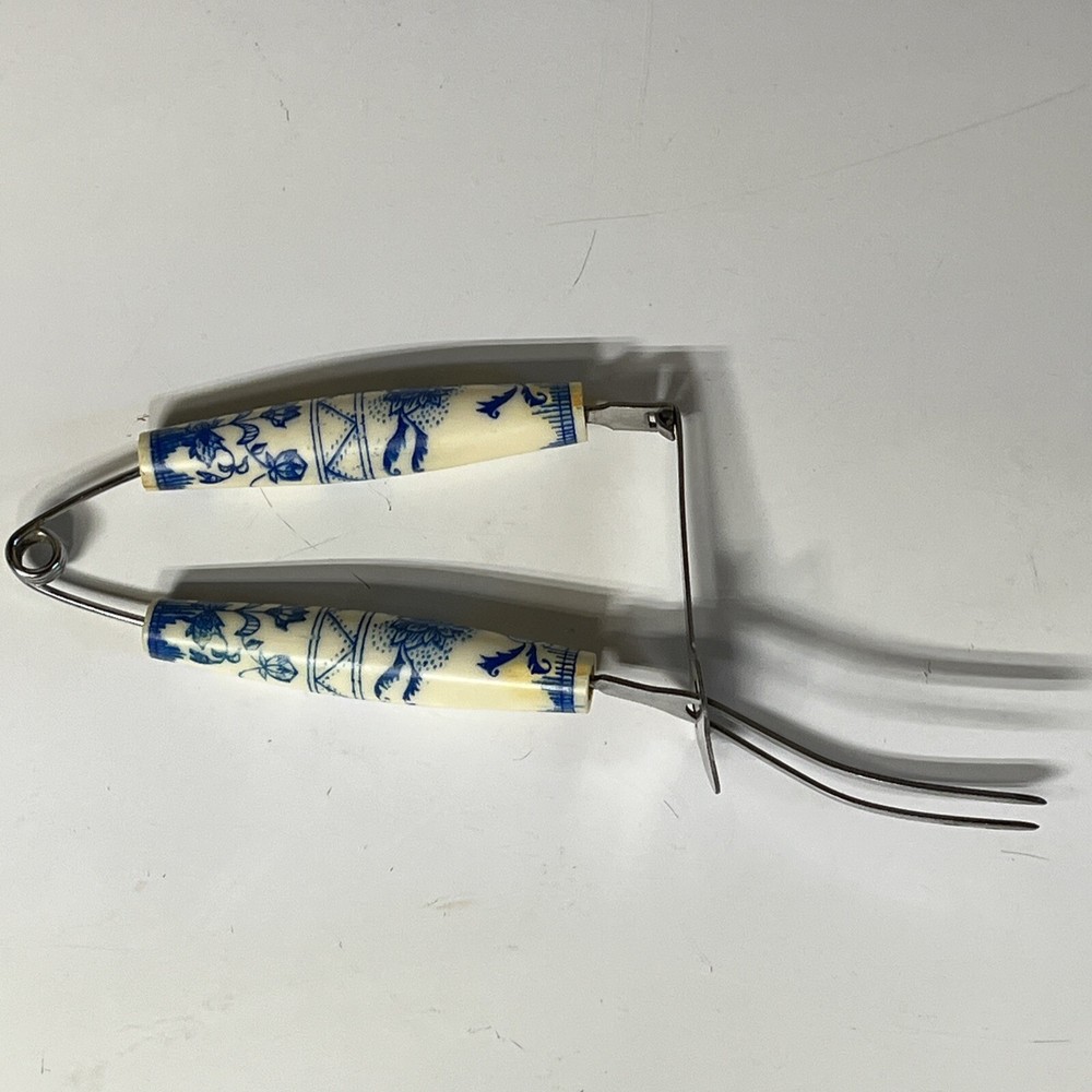 Bakelite White Blue Floral Spring Action Meat Serving Fork Slider