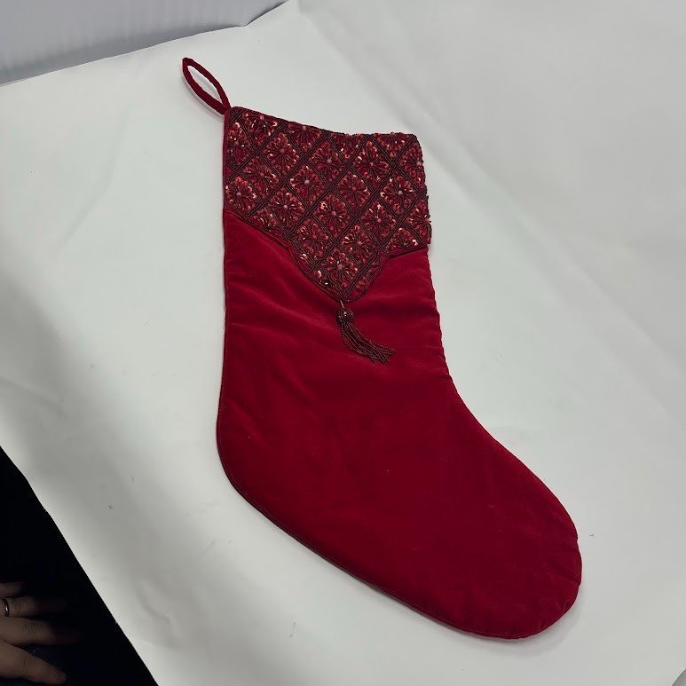 Vintage Red Christmas Stocking Embroidered Cuff Tassel Holiday Decor