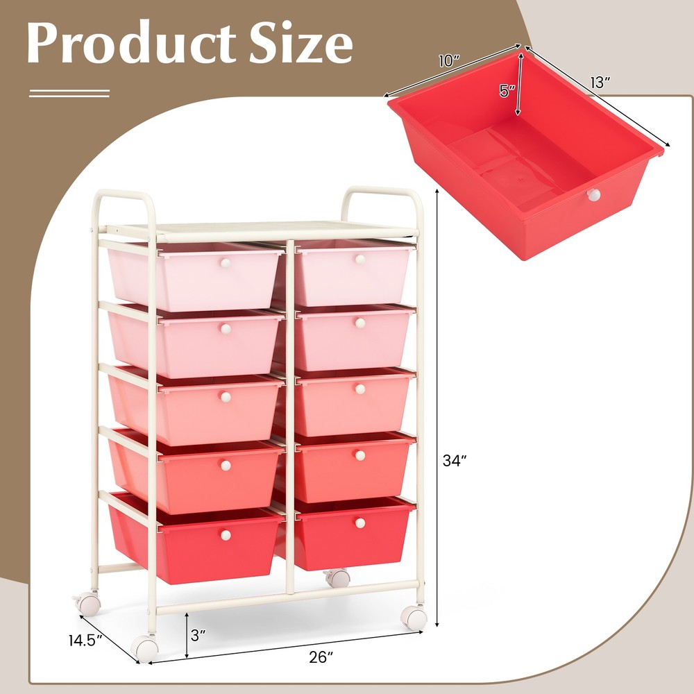 10-Drawer Storage Cart Utility Rolling Trolley Kitchen Organizer Pink Gradient
