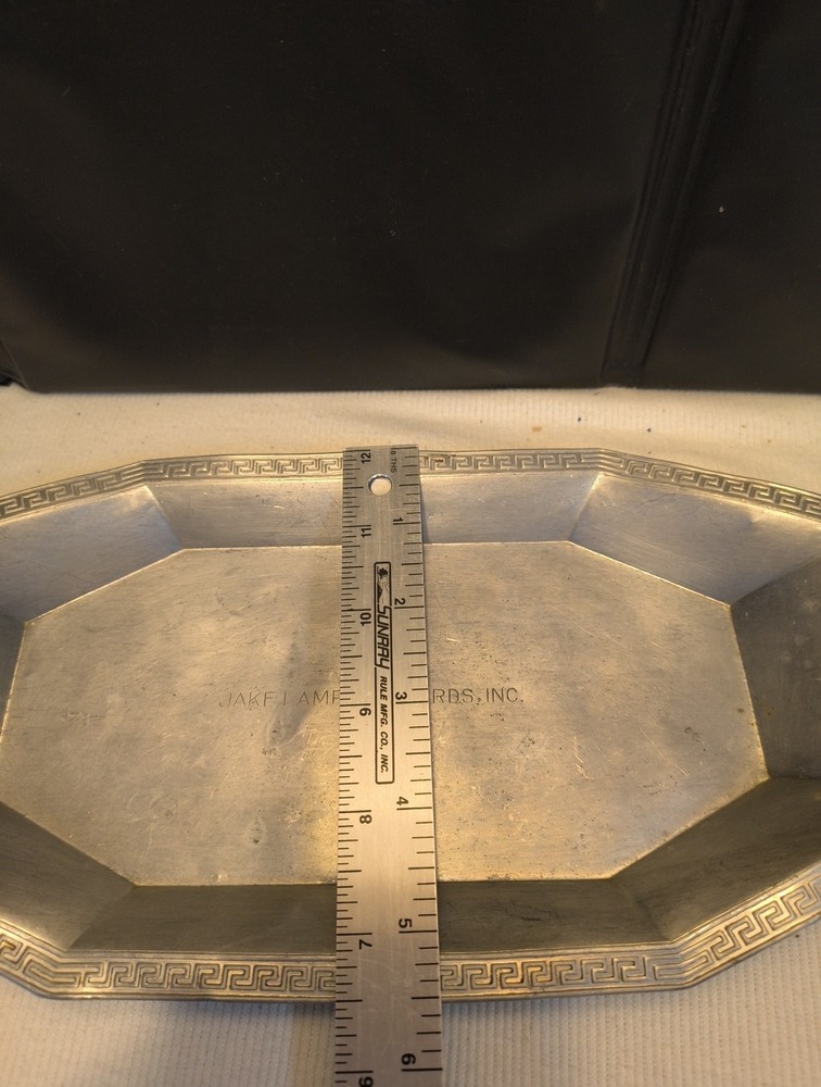 Antique Octagonal Dish Tray Aluminum Jake Lambert Yards, WI w/ Greek Key 11x5.5"