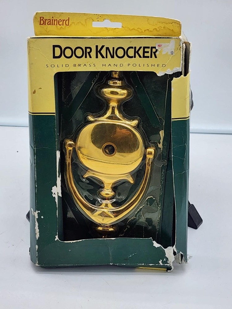 BRAINERD MFG CO SOLID BRASS DOOR KNOCKER, BRIGHT BRASS PEEP HOLE CENTER