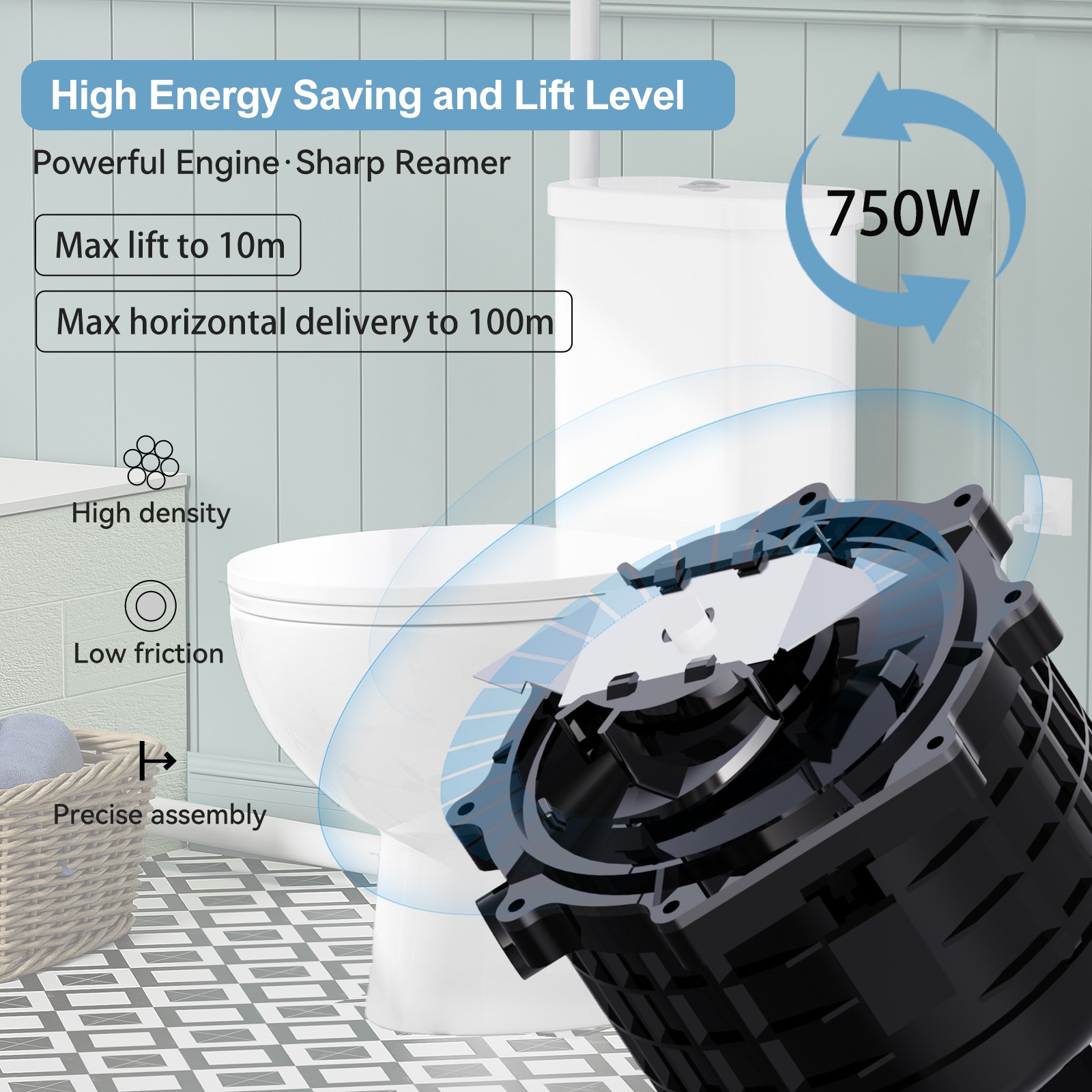 750W Macerating Toilet System Upflush Toilet with Pump 4 Inlets for Basement